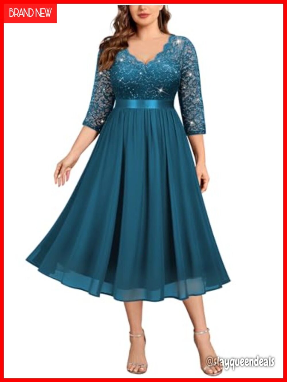 Plus Size Sequin Lace Midi Cocktail Dress Long Sleeve Wedding Guest